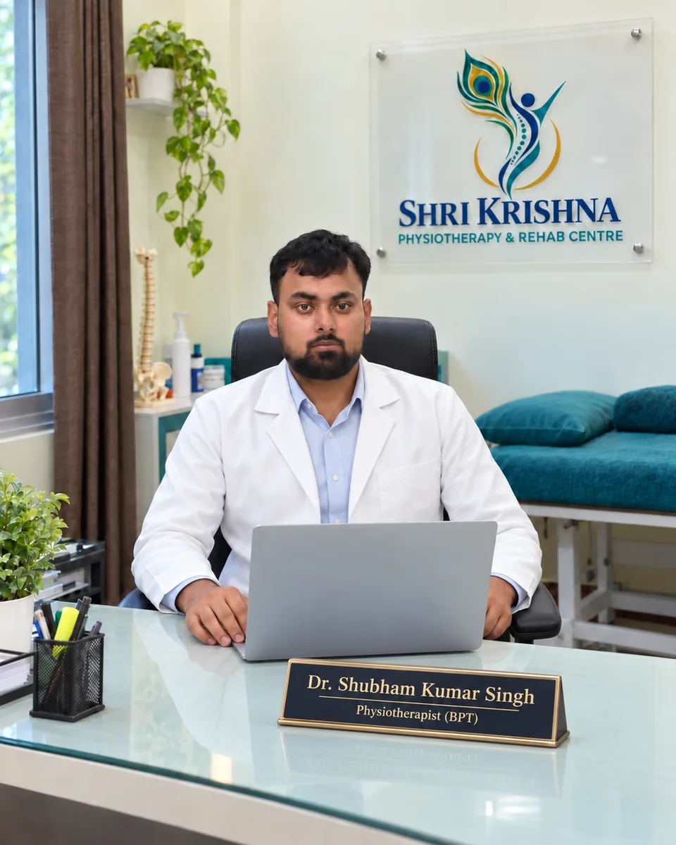 Dr. Shubham Kumar Singh in a white coat at his clinic desk
