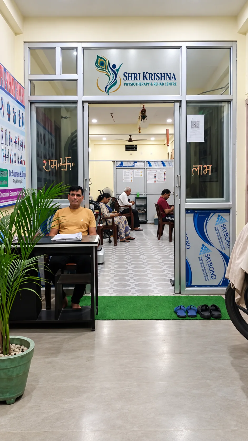 Clinic reception with seating beyond the glass entrance