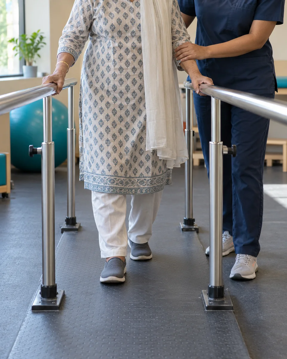 Illustrative image of supported walking rehabilitation between parallel bars